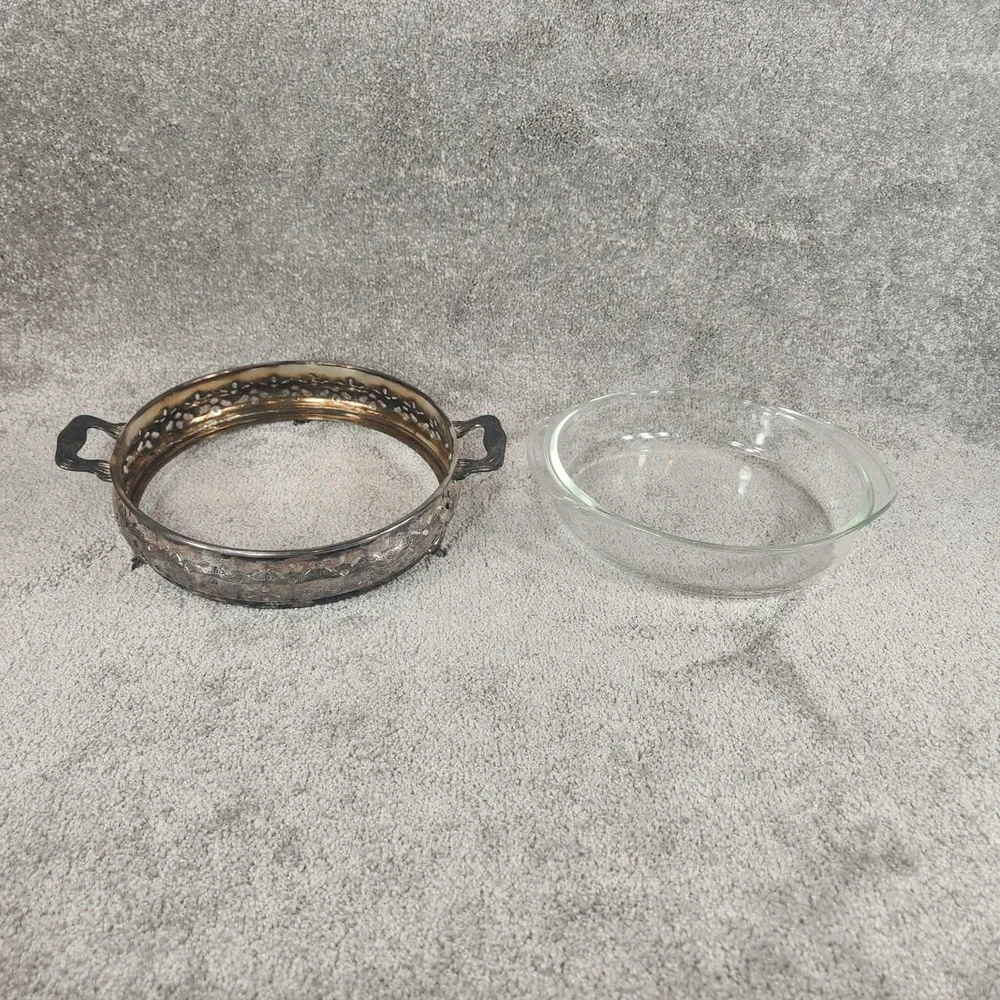Vintage Silver Plate Pierced Pyrex Casserole Dish Holder with Glass Insert